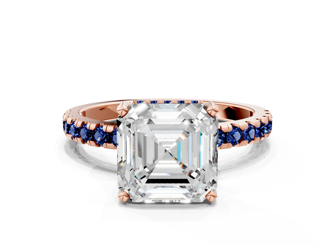 Rose gold Asscher Cut Diamond Solitaire Ring with Pavé Band and Four-Prong Setting
