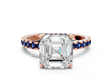 Rose gold Asscher Cut Diamond Solitaire Ring with Pavé Band and Four-Prong Setting