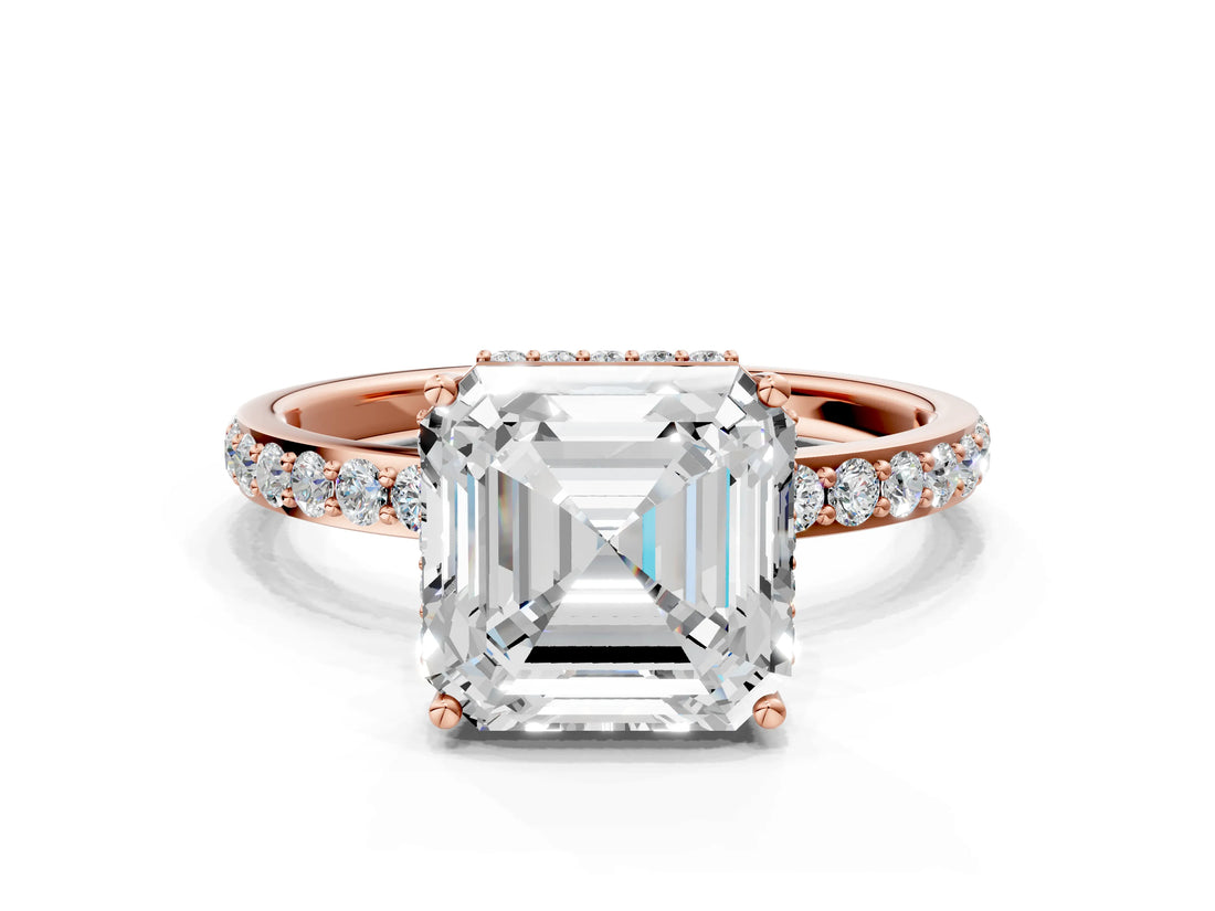 Rose gold Asscher Cut Diamond Solitaire Ring with Pavé Band and Hidden Halo_19