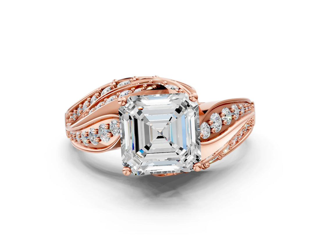 Rose gold Asscher Cut Diamond Solitaire Ring with Prong Setting and Twisted Pavé Band_3