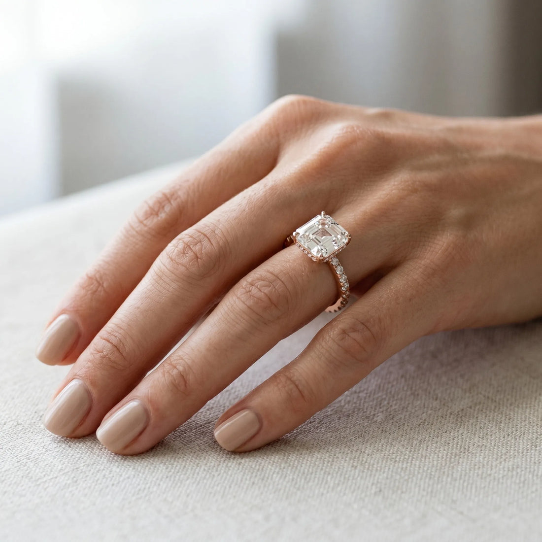 Rose gold Asscher Cut Diamond Solitaire Ring with Round  Pavé Band and Four-Prong Setting