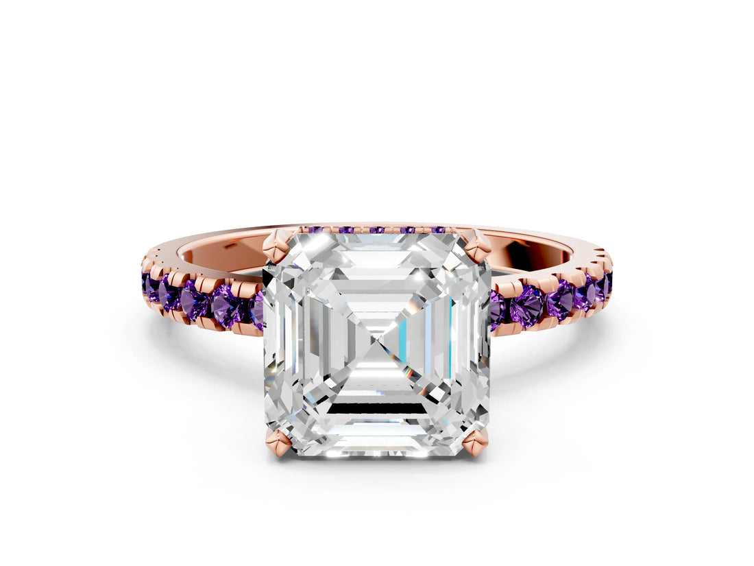 Rose gold Asscher Cut Diamond Solitaire Ring with Round with Amethyst side stone Pavé Band and Four-Prong Setting_36