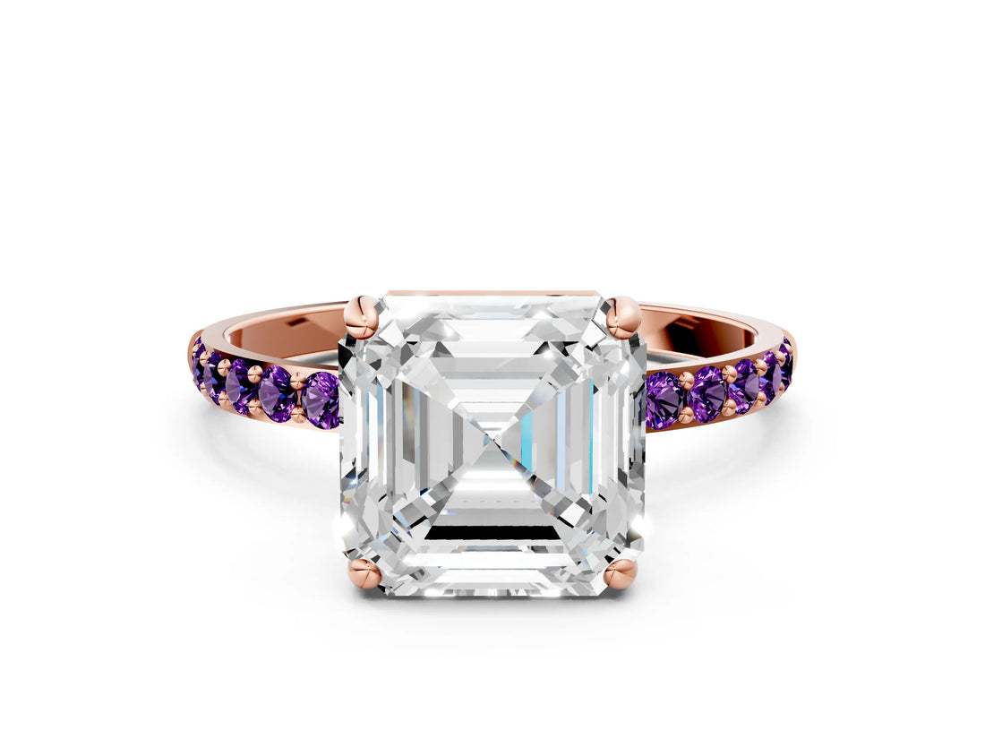Rose gold Asscher Cut Diamond Solitaire Ring with Round with Amethyst side stone Pavé Band and Prong Setting_12