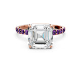 Rose gold Asscher Cut Diamond Solitaire Ring with Round with Amethyst side stone Pavé Band and Prong Setting_12