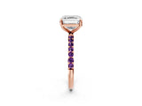 Rose gold Asscher Cut Diamond Solitaire Ring with Round with Amethyst side stone Pavé Band and Prong Setting_14