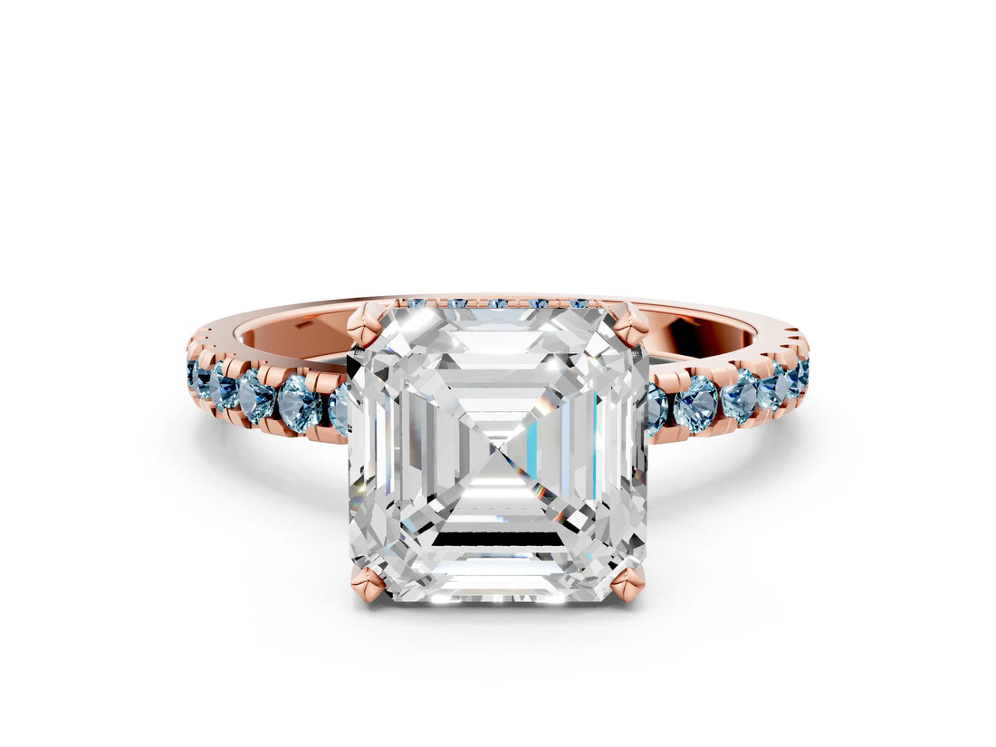 Rose gold Asscher Cut Diamond Solitaire Ring with Round with Aquamarine side stone Pavé Band and Four-Prong Setting_36