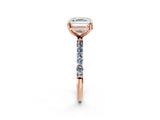 Rose gold Asscher Cut Diamond Solitaire Ring with Round with Aquamarine side stone Pavé Band and Prong Setting_26