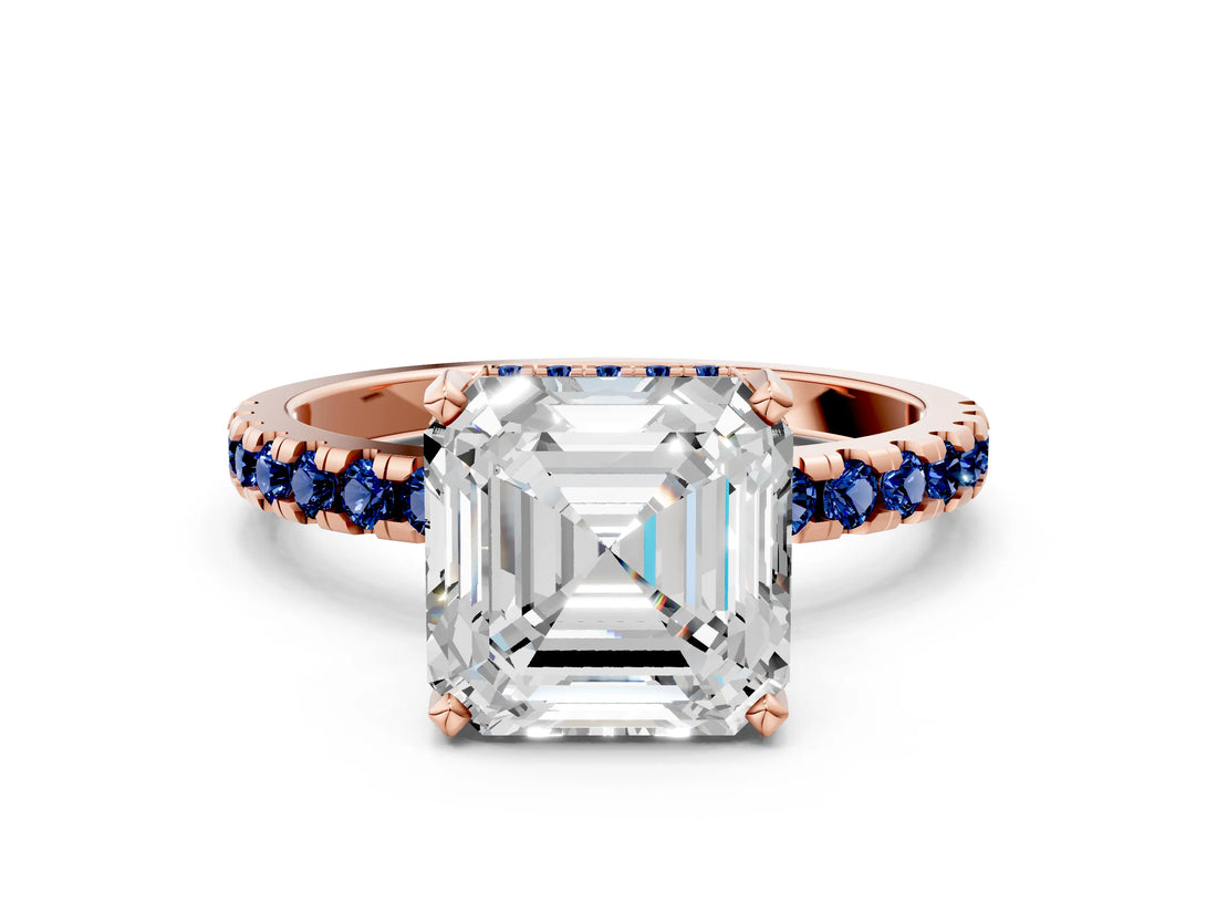 Rose gold Asscher Cut Diamond Solitaire Ring with Round with Blue Sapphire side stone Pavé Band and Four-Prong Setting_36