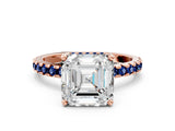 Rose gold Asscher Cut Diamond Solitaire Ring with Round with Blue Sapphire side stone Pavé Band and Four-Prong Setting_36