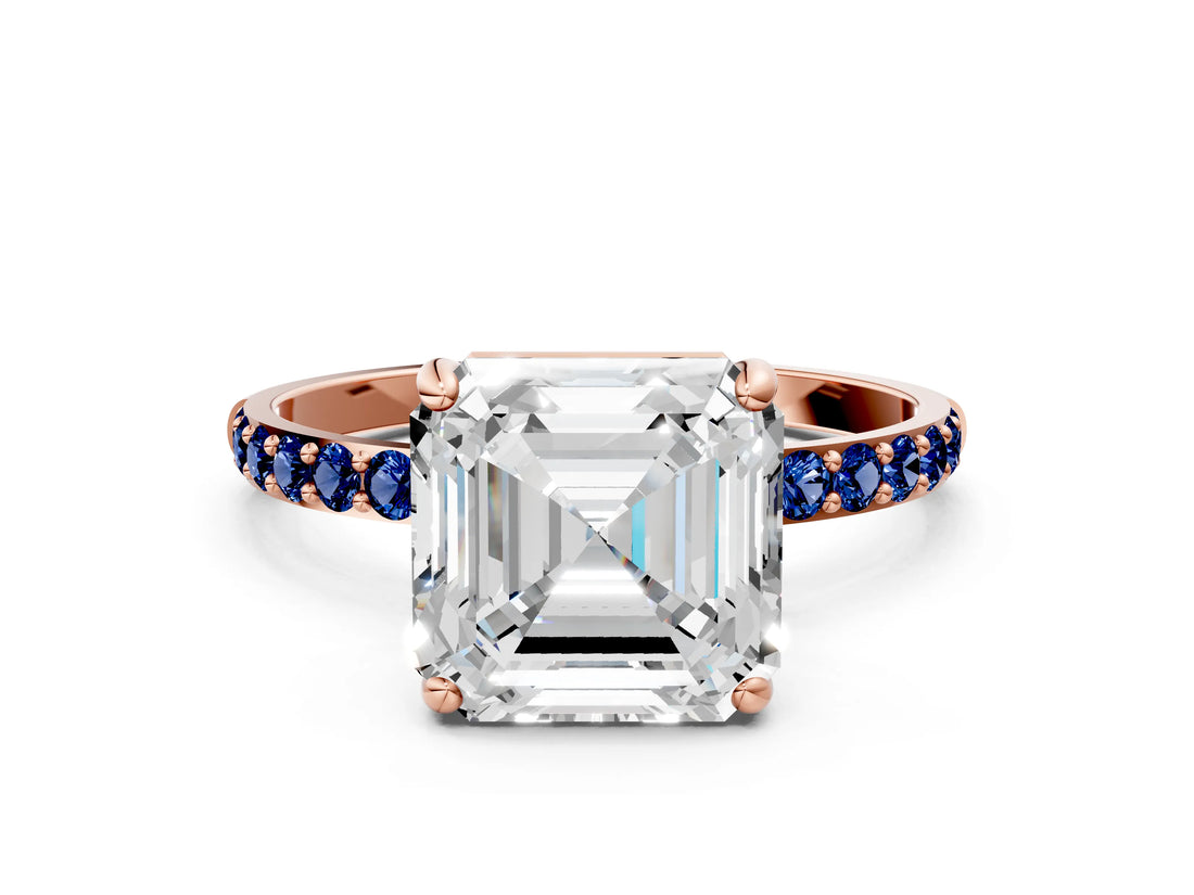 Rose gold Asscher Cut Diamond Solitaire Ring with Round with Blue Sapphire side stone Pavé Band and Prong Setting_12