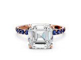 Rose gold Asscher Cut Diamond Solitaire Ring with Round with Blue Sapphire side stone Pavé Band and Prong Setting_12