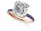 Rose gold Asscher Cut Diamond Solitaire Ring with Round with Blue Sapphire side stone Pavé Band and Prong Setting_13