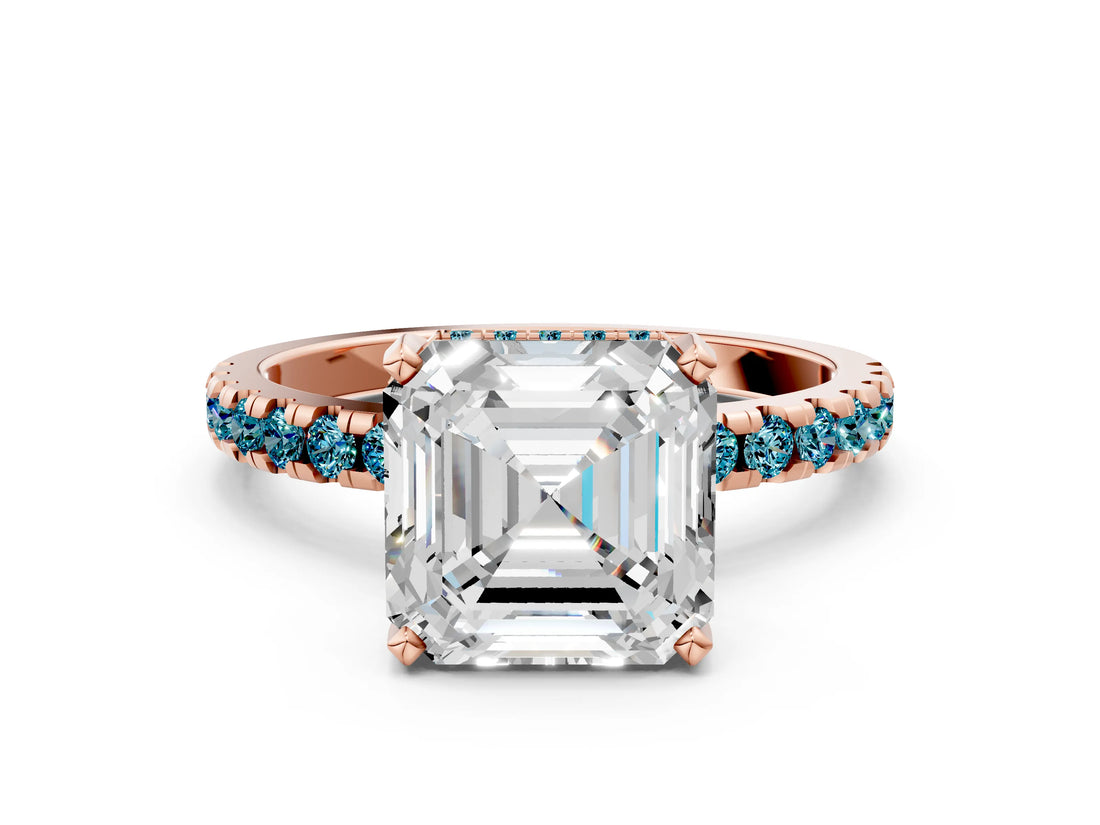 Rose gold Asscher Cut Diamond Solitaire Ring with Round with Blue Topaz side stone Pavé Band and Four-Prong Setting_36