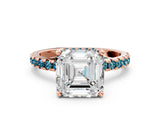 Rose gold Asscher Cut Diamond Solitaire Ring with Round with Blue Topaz side stone Pavé Band and Four-Prong Setting_36
