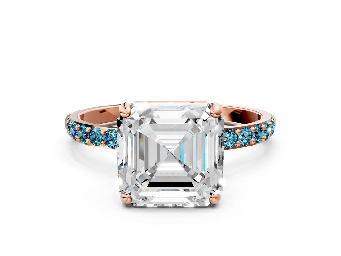 Rose gold Asscher Cut Diamond Solitaire Ring with Round with Blue Topaz side stone Pavé Band and Prong Setting_12