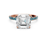 Rose gold Asscher Cut Diamond Solitaire Ring with Round with Blue Topaz side stone Pavé Band and Prong Setting_12