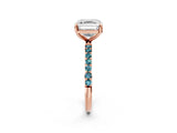 Rose gold Asscher Cut Diamond Solitaire Ring with Round with Blue Topaz side stone Pavé Band and Prong Setting_14