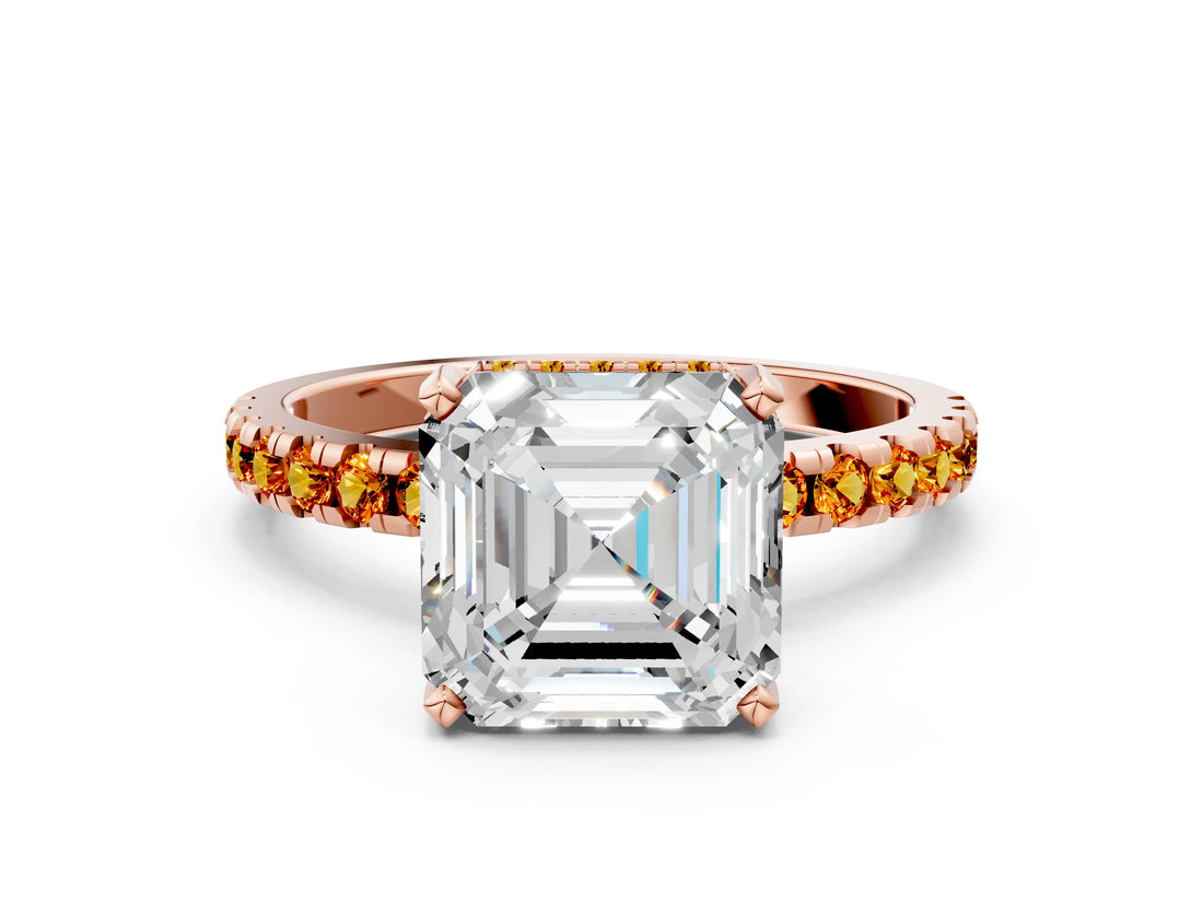 Rose gold Asscher Cut Diamond Solitaire Ring with Round with Citrine side stone Pavé Band and Four-Prong Setting_36
