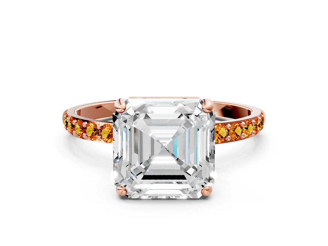 Rose gold Asscher Cut Diamond Solitaire Ring with Round with Citrine side stone Pavé Band and Prong Setting_12