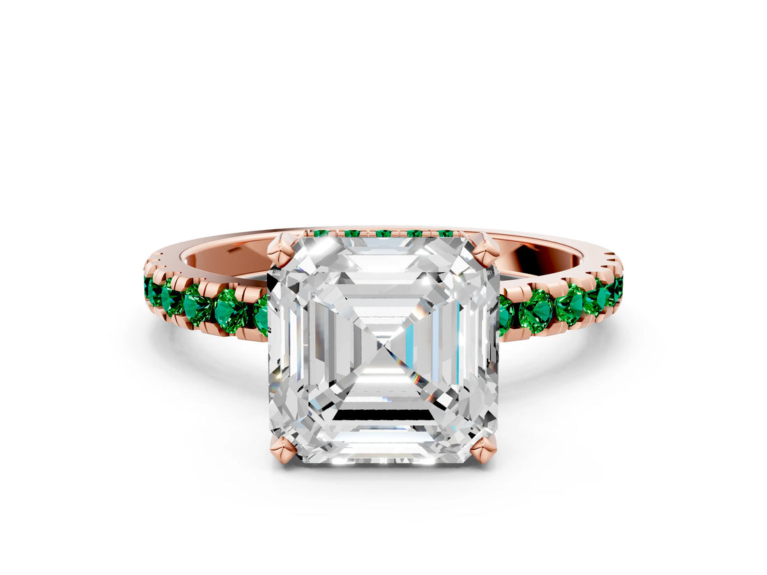 Rose gold Asscher Cut Diamond Solitaire Ring with Round with Emerald side stone Pavé Band and Four-Prong Setting_36