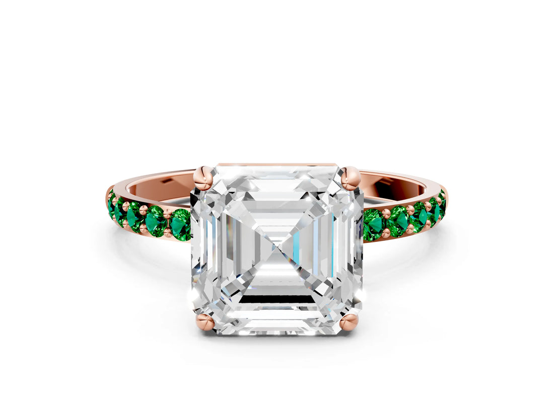 Rose gold Asscher Cut Diamond Solitaire Ring with Round with Emerald side stone Pavé Band and Prong Setting_24