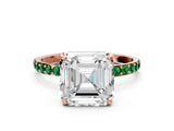 Rose gold Asscher Cut Diamond Solitaire Ring with Round with Emerald side stone Pavé Band and Prong Setting_24