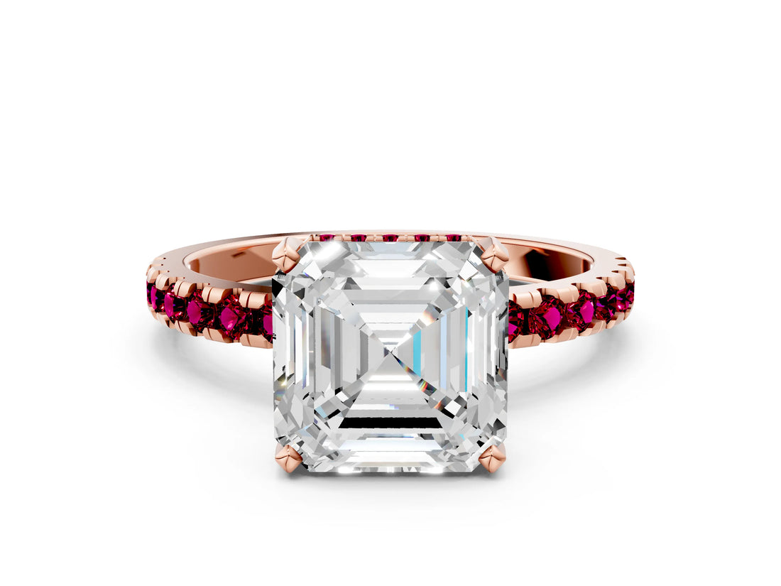 Rose gold Asscher Cut Diamond Solitaire Ring with Round with Garnet side stone Pavé Band and Four-Prong Setting_36