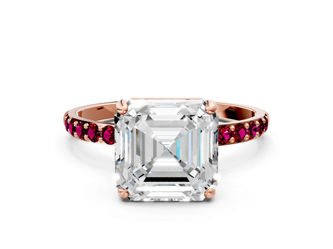 Rose gold Asscher Cut Diamond Solitaire Ring with Round with Garnet side stone Pavé Band and Prong Setting_24