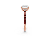 Rose gold Asscher Cut Diamond Solitaire Ring with Round with Garnet side stone Pavé Band and Prong Setting_26