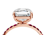 Rose gold Asscher Cut Diamond Solitaire Ring with Round with Garnet side stone Pavé Band and Prong Setting_28