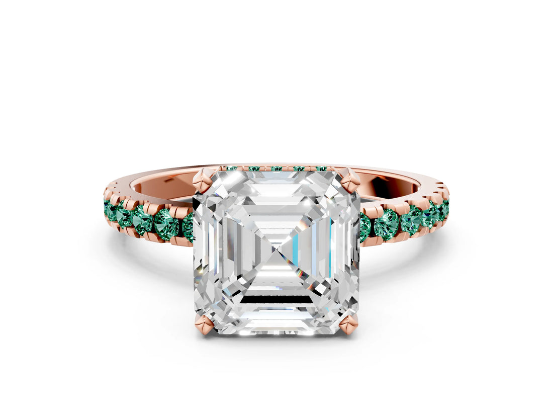 Rose gold Asscher Cut Diamond Solitaire Ring with Round with Green Sapphire side stone Pavé Band and Four-Prong Setting_36