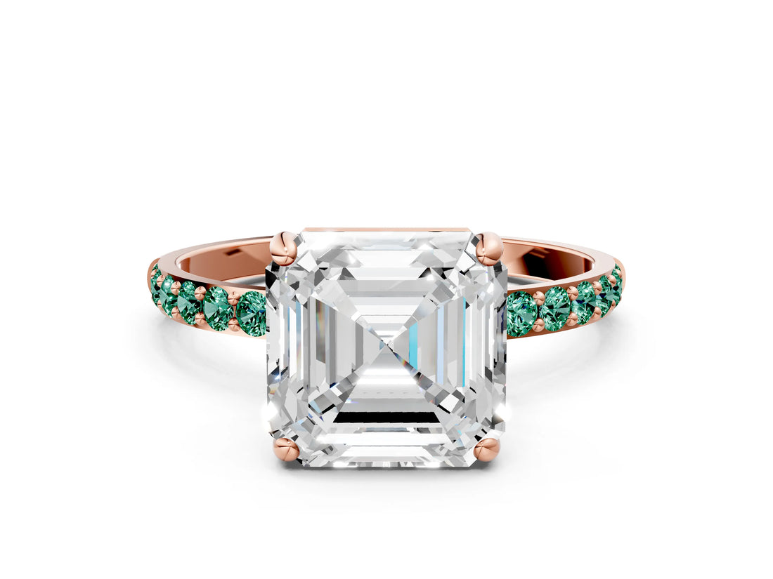 Rose gold Asscher Cut Diamond Solitaire Ring with Round with Green Sapphire side stone Pavé Band and Prong Setting