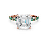 Rose gold Asscher Cut Diamond Solitaire Ring with Round with Green Sapphire side stone Pavé Band and Prong Setting