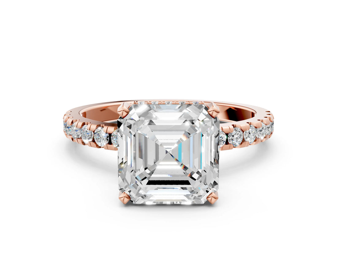 Rose gold Asscher Cut Diamond Solitaire Ring with Round with Moissanite side stone Pavé Band and Four-Prong Setting_36