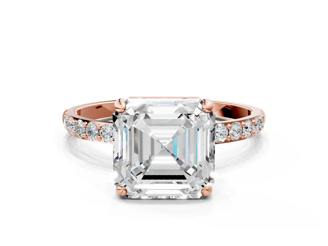 Rose gold Asscher Cut Diamond Solitaire Ring with Round with Moissanite side stone Pavé Band and Prong Setting_12