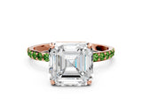 Rose gold Asscher Cut Diamond Solitaire Ring with Round with Peridot side stone Pavé Band and Prong Setting