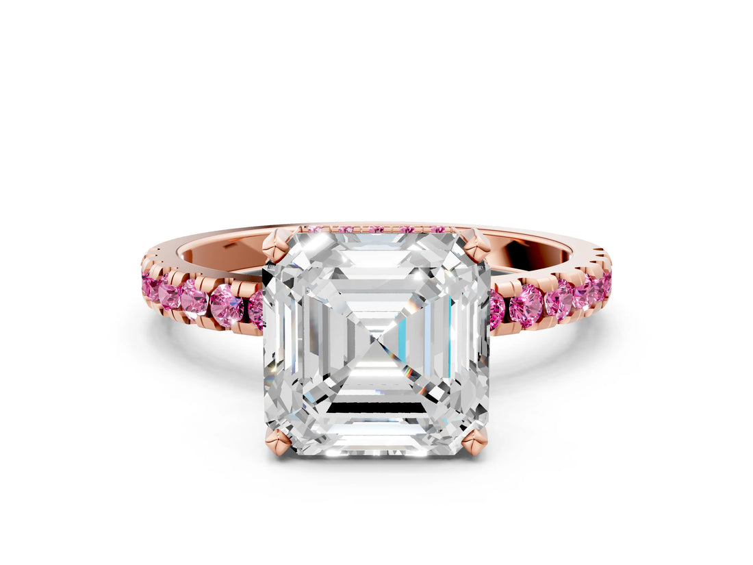 Rose gold Asscher Cut Diamond Solitaire Ring with Round with Pink Sapphire side stone Pavé Band and Four-Prong Setting_36