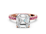 Rose gold Asscher Cut Diamond Solitaire Ring with Round with Pink Sapphire side stone Pavé Band and Four-Prong Setting_36