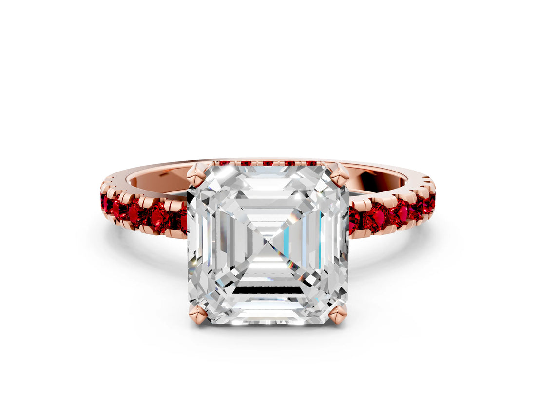 Rose gold Asscher Cut Diamond Solitaire Ring with Round with Ruby side stone Pavé Band and Four-Prong Setting_36