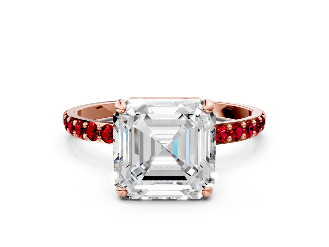Rose gold Asscher Cut Diamond Solitaire Ring with Round with Ruby side stone Pavé Band and Prong Setting_36
