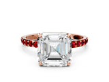Rose gold Asscher Cut Diamond Solitaire Ring with Round with Ruby side stone Pavé Band and Prong Setting_36