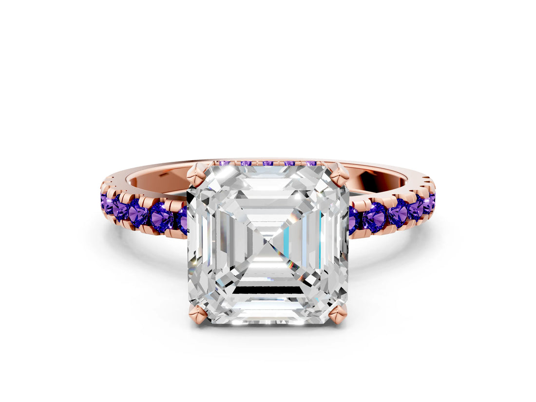 Rose gold Asscher Cut Diamond Solitaire Ring with Round with Tanzanite side stone Pavé Band and Four-Prong Setting_36