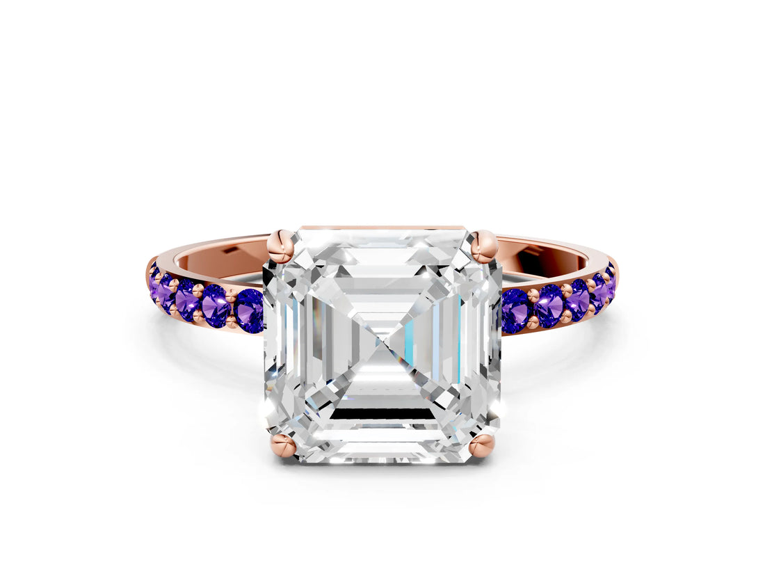 Rose gold Asscher Cut Diamond Solitaire Ring with Round with Tanzanite side stone Pavé Band and Prong Setting_12