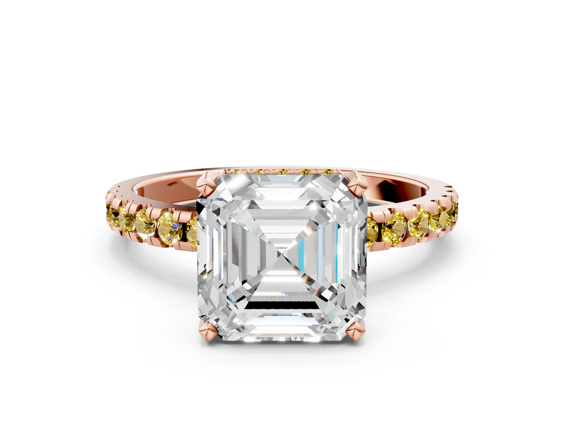 Rose gold Asscher Cut Diamond Solitaire Ring with Round with Yellow Sapphire side stone Pavé Band and Four-Prong Setting_36
