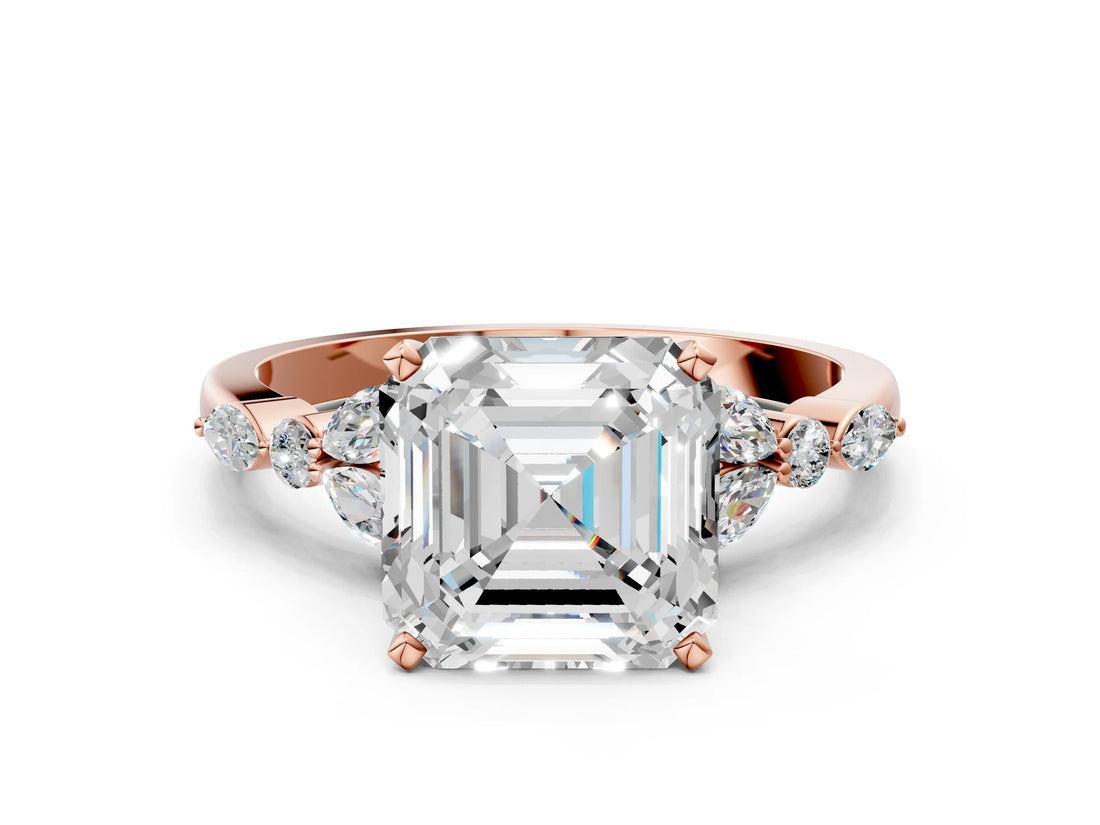 Rose gold Asscher Cut Diamond Solitaire Ring with Side Stones and Four-Prong Setting_53