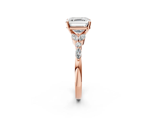Rose Gold Asscher Cut Marquise Side Stone Engagement Ring Setting