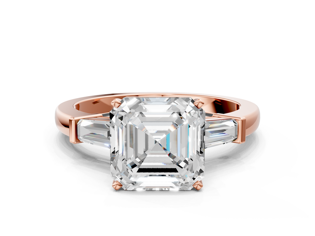 Rose gold Asscher Cut Diamond Solitaire Ring with Tapered Baguette Accents and Four-Prong Setting_23
