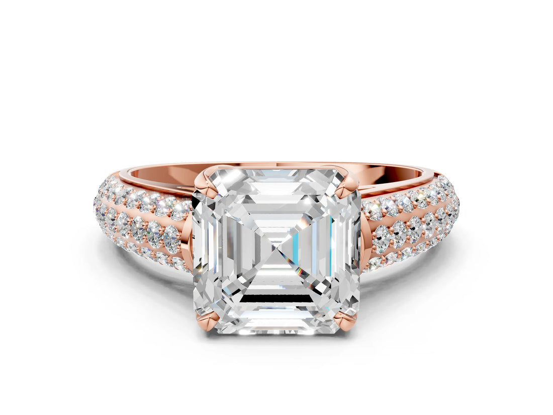 Rose gold Asscher Cut Diamond Solitaire Ring with Three-Row Pavé Band and Four-Prong Setting_23
