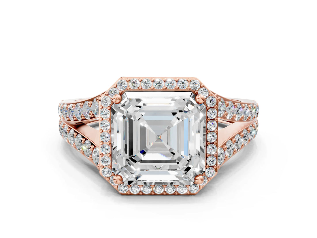 Rose gold Asscher Cut Diamond Split Shank Halo Ring with Four-Prong Setting_40