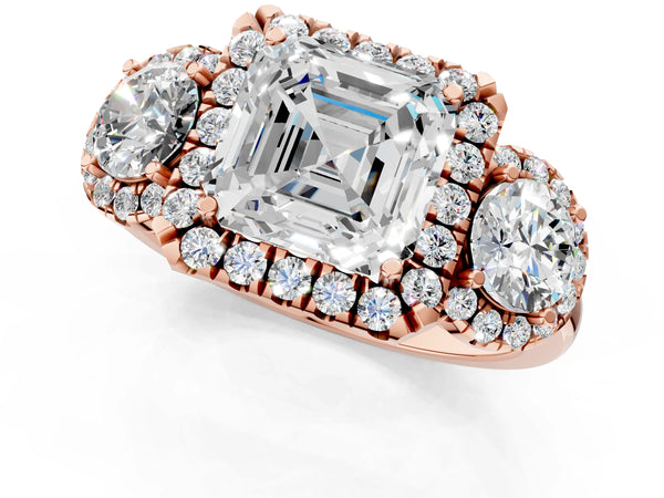 Rose Gold Asscher Cut Three Stone Halo Engagement Ring Setting